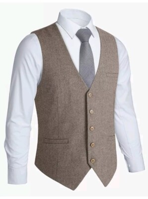 HISDERN Mens 3XL Herringbone Tweed Vest Brown British Wedding Premium Wool Blend