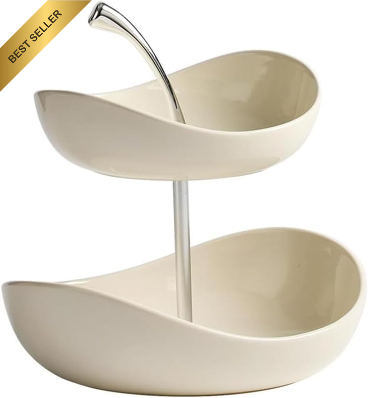 Ceramic Fruit Plate, Multi-Layer Countertop Fruit Stand, Cherry Handle Design, P