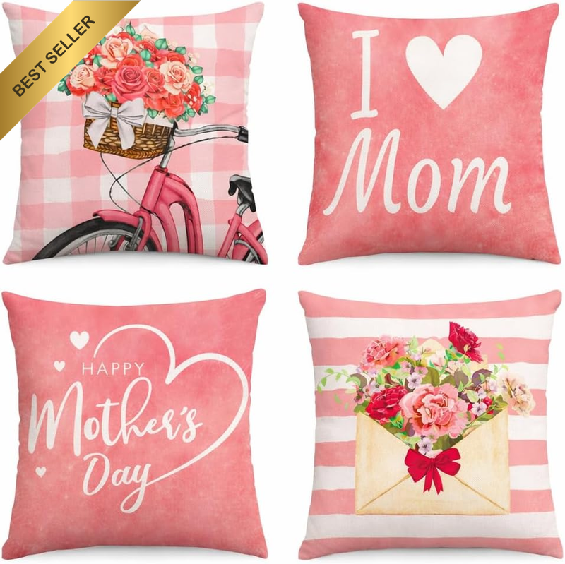 4Pcs Mothers Day Pillow Covers, Mothers Day Gifts Pink Flowers Bicycle Throw Pil