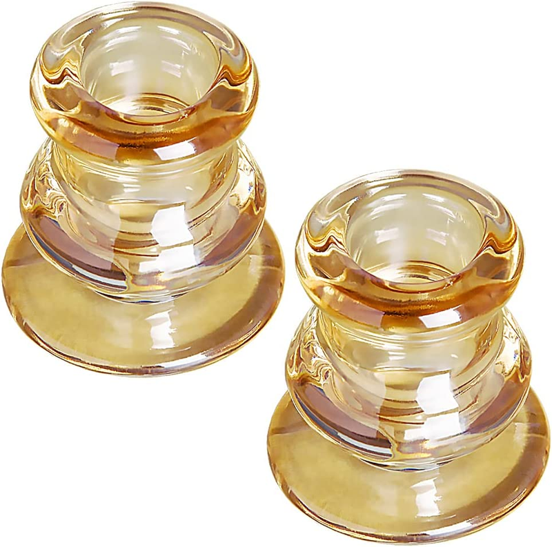 Amber Glass Candlestick Holders, Set of 2 Taper Candle Holders for Wedding, Deco