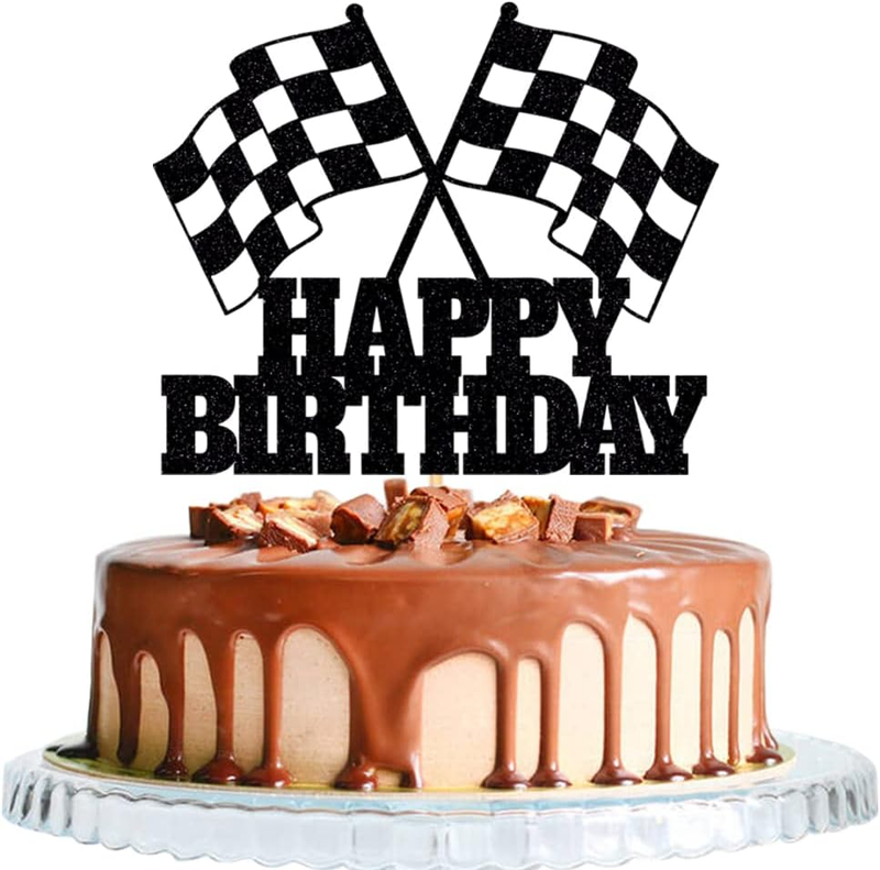 Race Car Cake Topper - Checkered Flag, Glitter, Happy Birthday...
