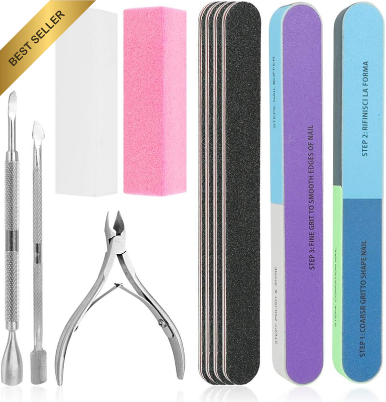 Nail File Set, 11 Pcs Nail Files & Buffer Block, Fine Grit, White, EVA Material,