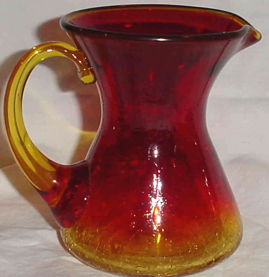ESTATE AMBERINA RED YELLOW CRACKLE GLASS HAND BLOWN PITCHER /4.5