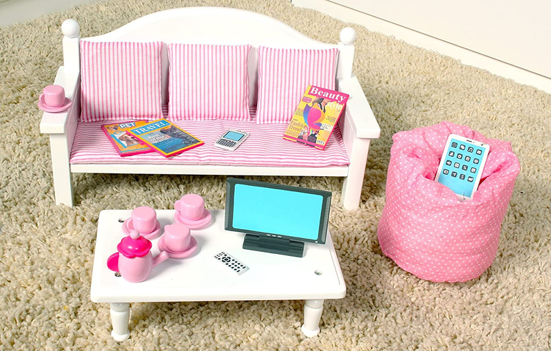 18 Inch Doll Furniture - Couch and Coffee Table with Living Room Accessories - F