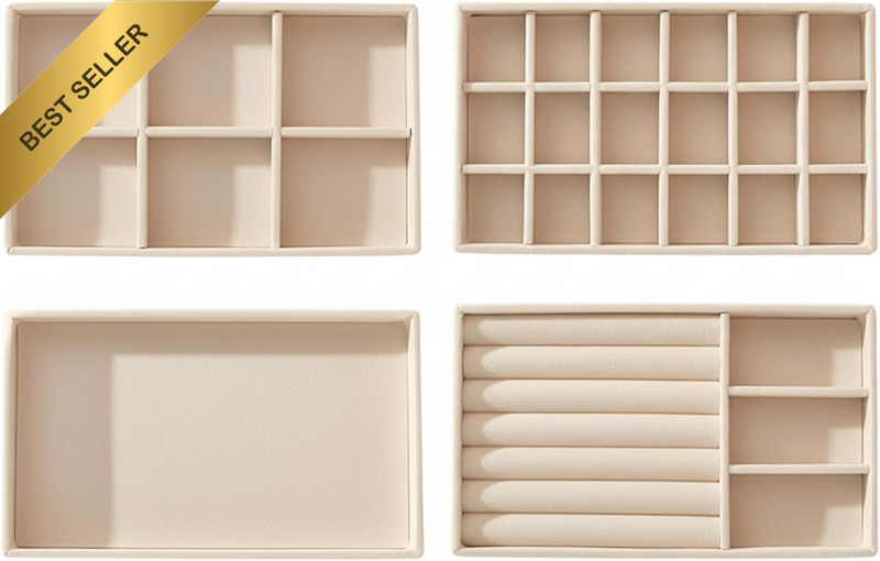 Jewellery Tray Organiser with Removable Dividers, Stackable Storage for Drawers