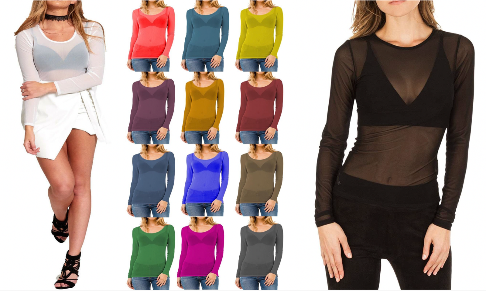Womens Sheer Mesh Top Ladies Long Sleeve See Through Round