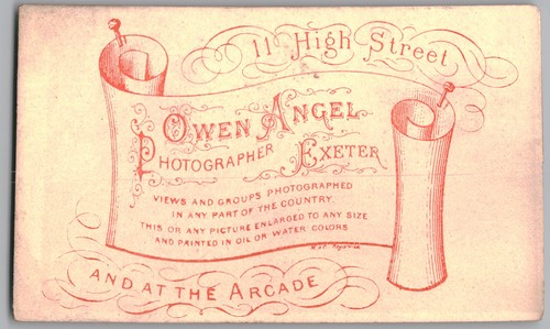 Antique CDV 1880s Owen Angel Woman Satin Dress Ruffles Exeter Devon UK — additional view