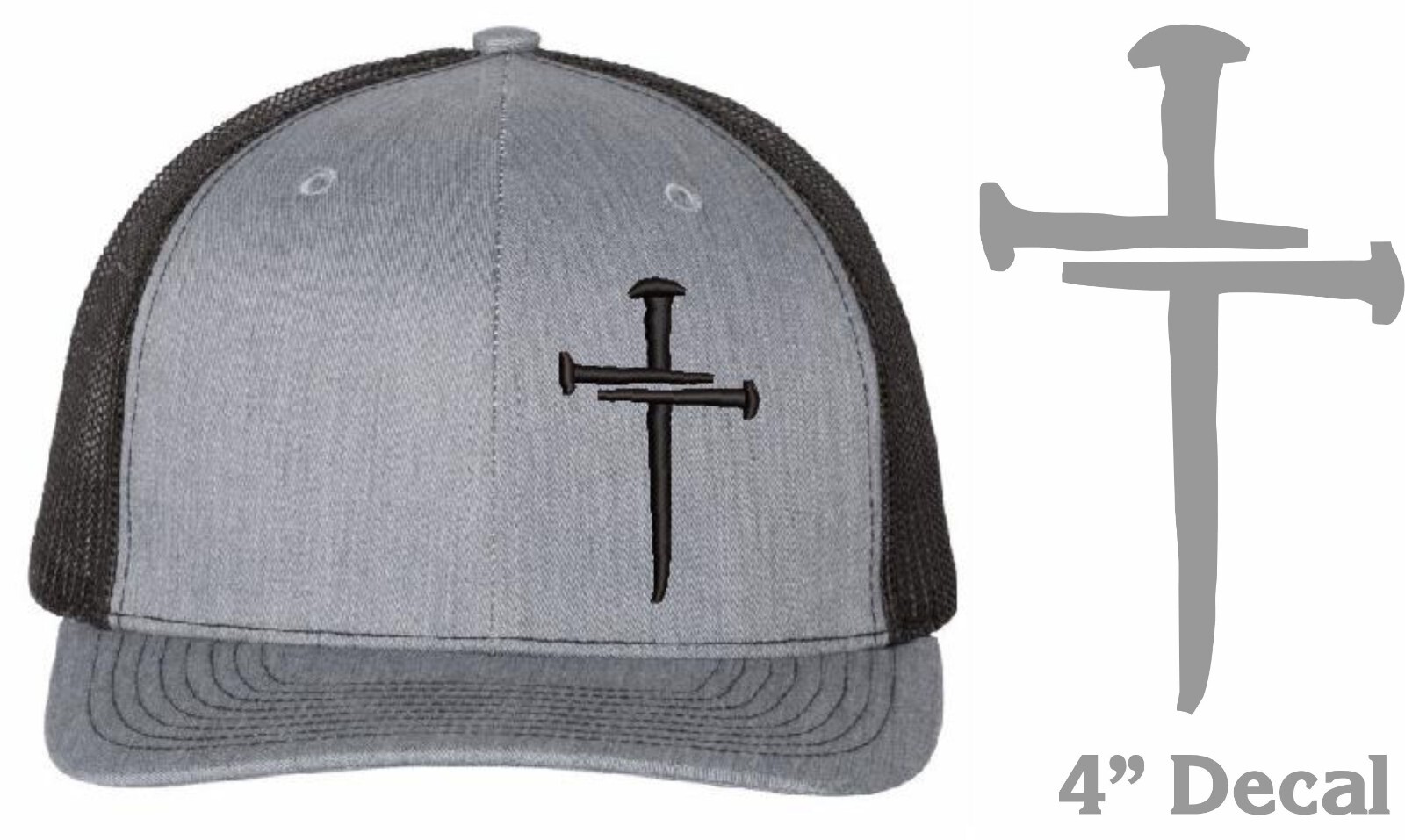 Christian Men's Hat - Jesus 3 Nails Hat 112 Heather/Black Mesh Back Hat