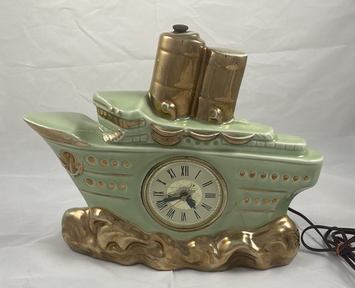 Vintage MCM Green Pastel Ceramic Gold Plated Ship Lamp Clock C. Miller 1956