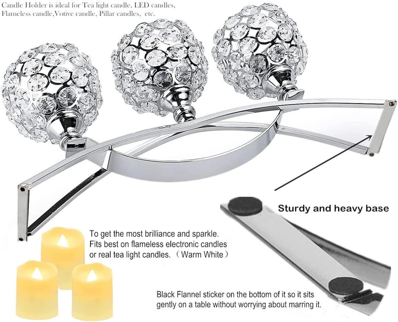 Silver Crystal Candle Holders with 3 Arms Dining Room Table Centerpiece Decor Ca