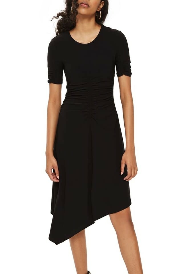 TOPSHOP 156400 Women's Ruched Asymmetrical Dress Short Sleeve Black Sz. 4 US