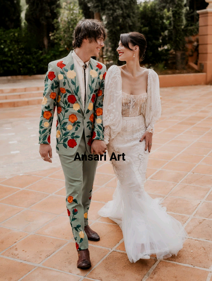 Pre-owned Art Men Green 2pc Customized Country Western Suit Floral Flowers Embroidered Wedding