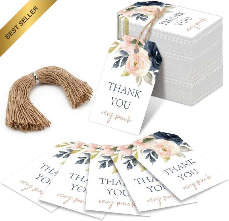 50 Thank You Gift Tags with Jute String, Birthday Message