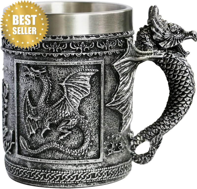 Medieval Dragon Beer Stein Tankard Mug with Stainless Steel Inner Liner, 15.8Oz,