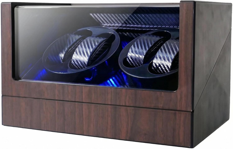 Watch Winder 4 Automatic Watches Wood Piano Finish Blue LED USB-C or Battery Box