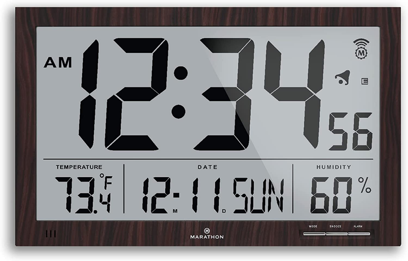 Slim Jumbo Atomic Wall Clock, Walnut Finish - Large, 15-Inch Display - Alarm, AM