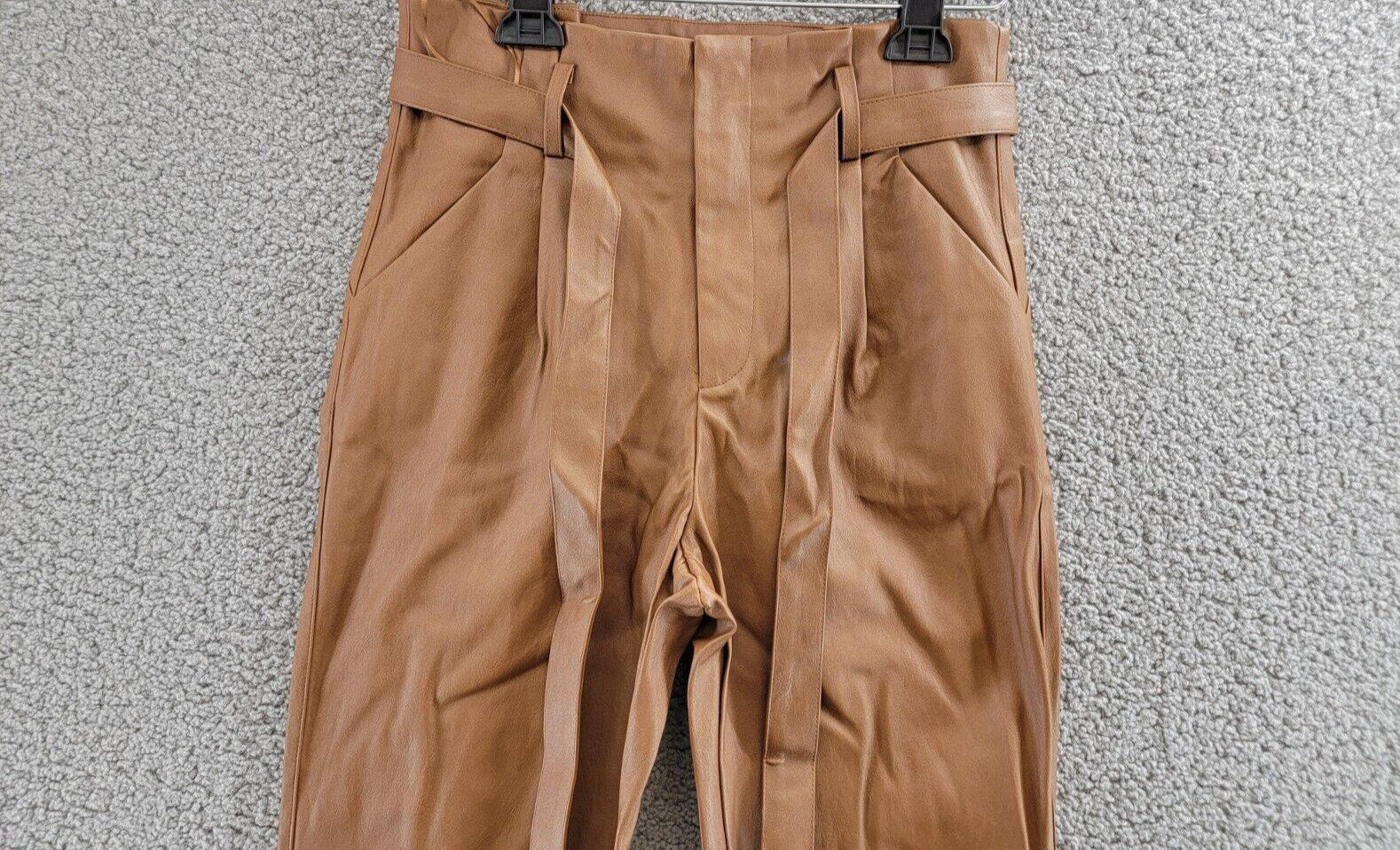 Lucy Paris Faux Leather Paperbag-Waist Pants Women's S Cognac Zip Front Closure - Picture 3 of 18