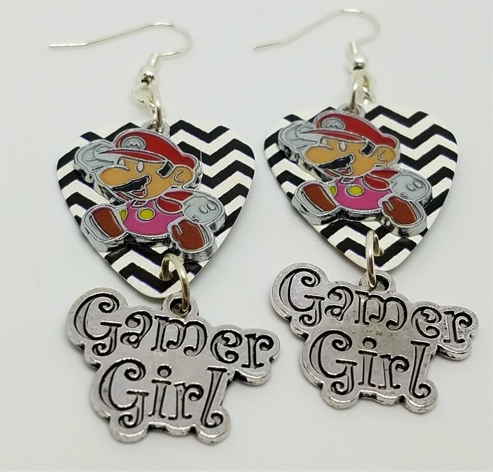 アクセサリー Mario Mario Gamer Girl Charms on Black and White Chevron Guitar