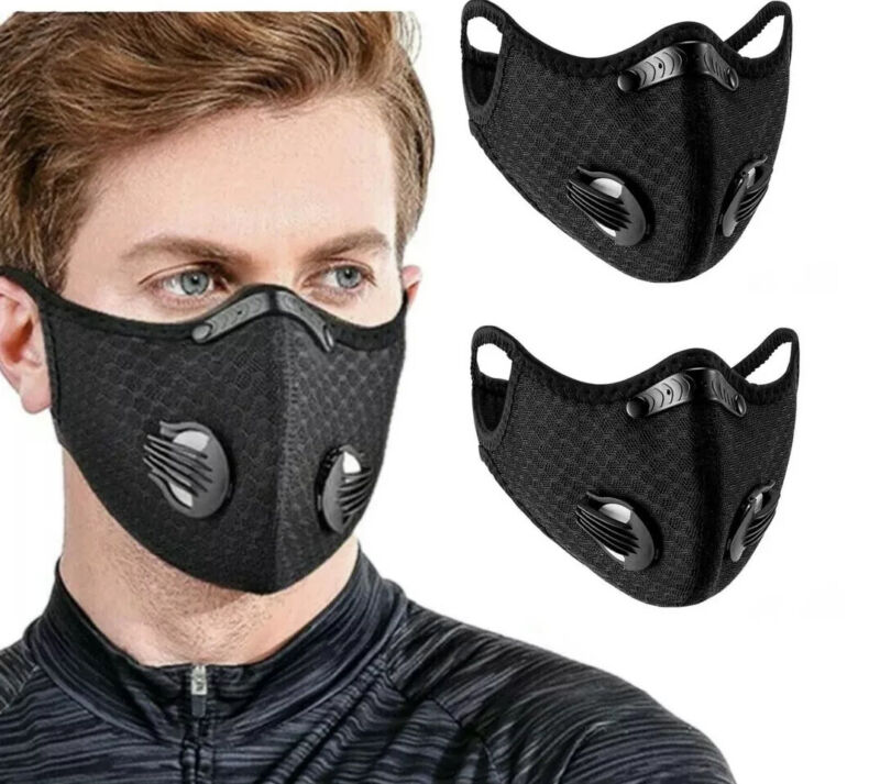 2pcs Sport Cycling Face Mask With Active Carbon Filter Breathing Valves Washable