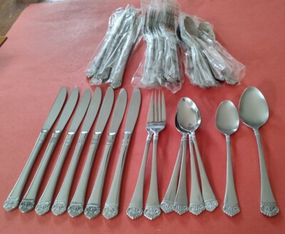 38pc EKCO Eterna CLASSIC CREST Stainless Teaspoons Dinner Forks Knives 23pc NOS