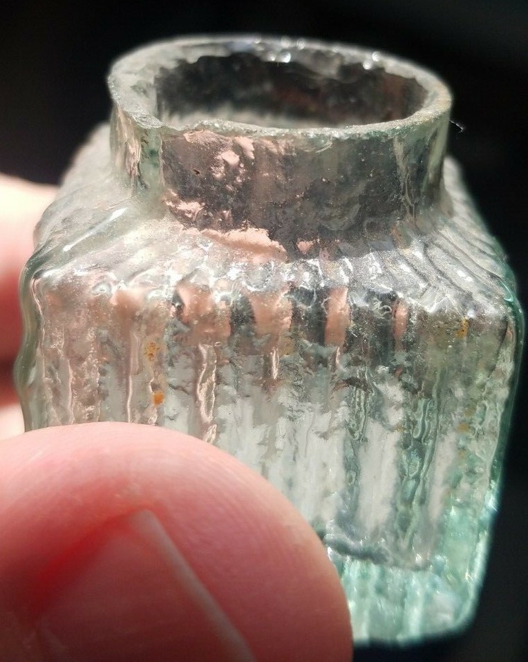 NICE PAIR OF SMALL SIZE AQUA GLASS INKWELLS GROUND LIP FINISH FREE SHIPPING