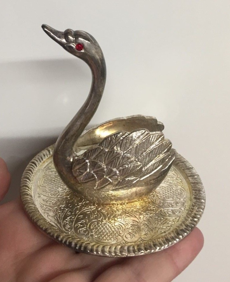 Vintage Silverplate Swan Ring Holder with Red Rhinestone Eyes NOS Original Box