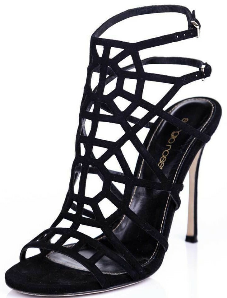 Pre-owned Sergio Rossi $950  Suede Caged Ankle Strappy Sandals Black Shoes 36 39 40 41