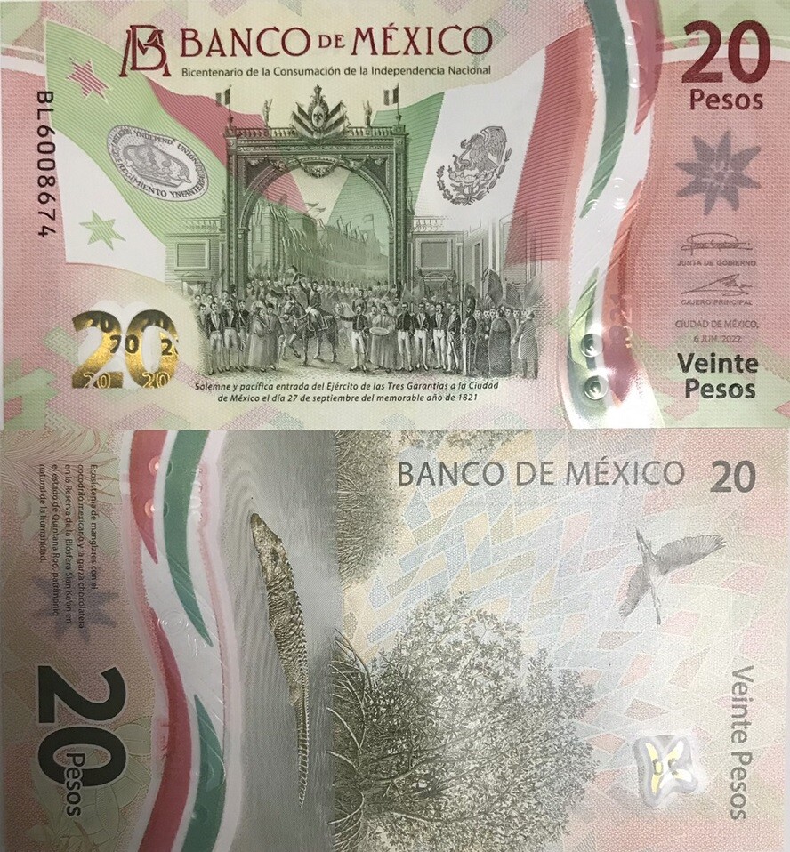Mexico 20 Pesos 2021-2023 Random Series, Date &amp; Signature P 132 UNC NHB