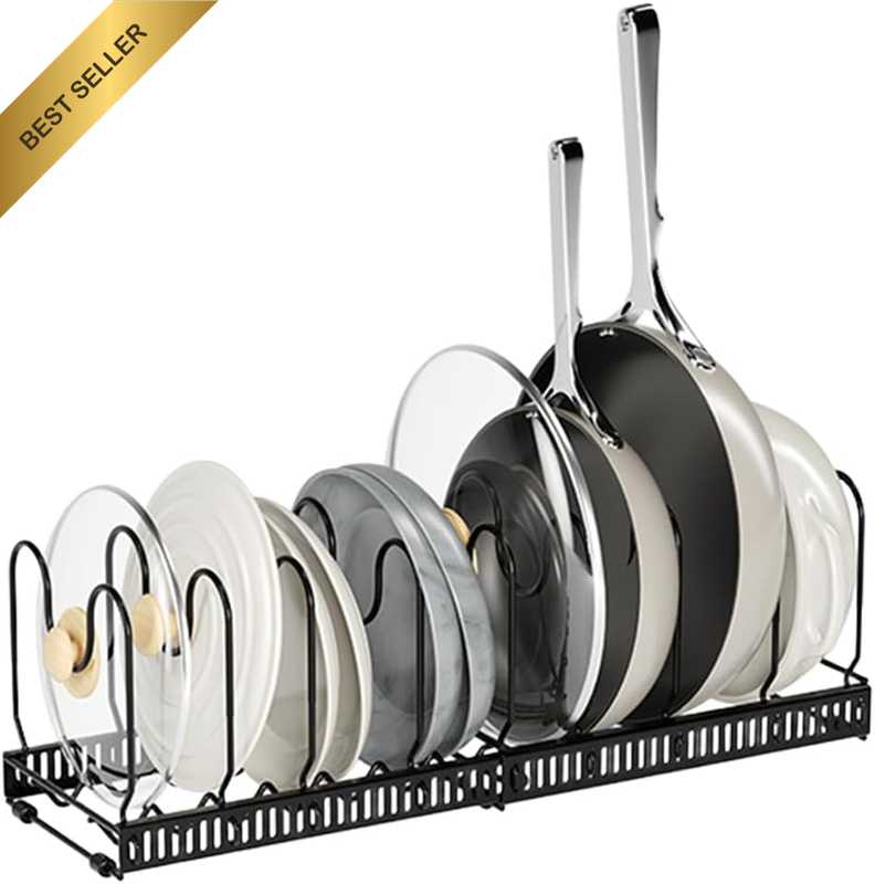 Pots and Pans Organizer for Cabinet, with Wave Buckle, Pull Out Adjustable Rack