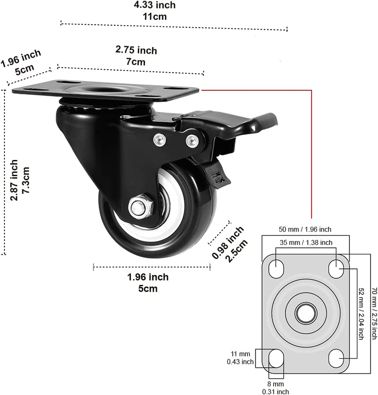 Caster Wheels,  2" Casters Set of 4 Heavy Duty with Brake, No Floor Marks Silent