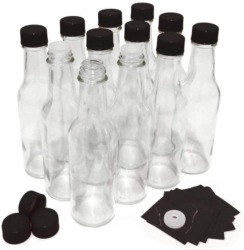 Hot Sauce Woozy Bottles, 5 Oz With Black Caps And Inserts 12-24 Pack Clear Glass