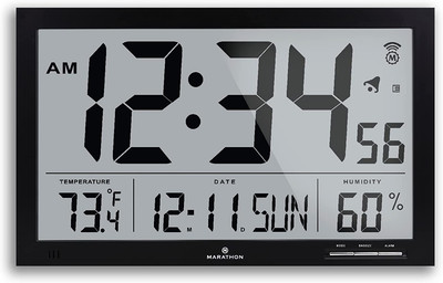 Slim Jumbo Atomic Wall Clock, Black - Large 15-Inch Display, AM/PM or 24-Hour Ti
