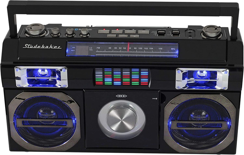 SB2145B 80's Retro Street Bluetooth Boombox with FM Radio, CD Player, LED EQ, 10