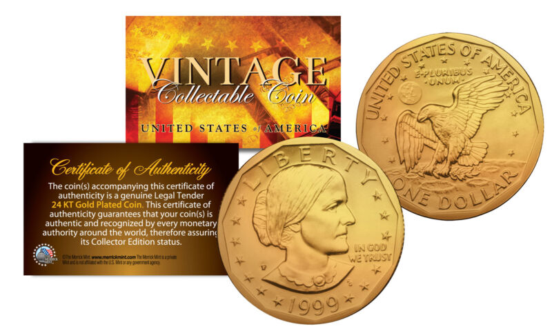 Susan B. Anthony U.S. $1 Dollar Coin Genuine 24K GOLD PLATED with Capsule & COA