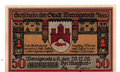 1920 Germany Wernigerode Notgeld 50 Pfennig Note (F247)