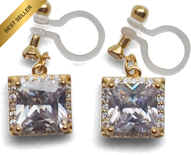 Gold Dangle Square CZ Crystal Clip On Earrings for Women Bridal Wedding Non Pier
