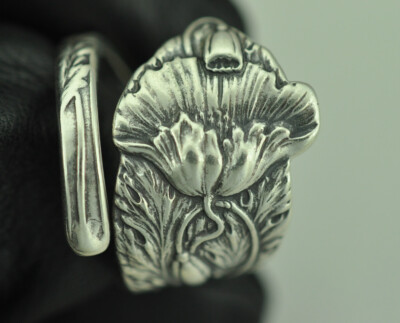 Solid 925 Sterling Silver Large Poppy Flower Floral Adjustable Spoon Ring