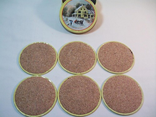 Vintage Currier & Ives COASTER Set 6 pc. w Tin Box Cork Bottom Bar Mancave Cabin