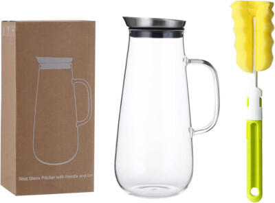 50oz/1500ml Glass Pitcher with Handle and Stainless Steel Silicone Filter Lid