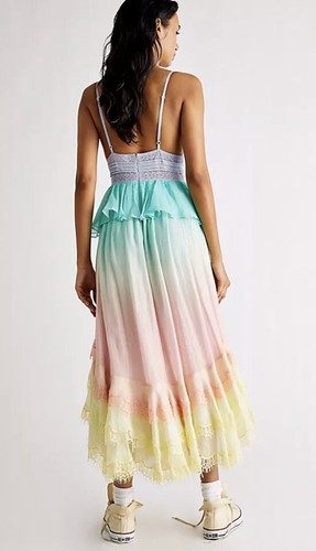 Pre-owned Free People Rococo Sand Emi Long Metallic Ombre Lace Trim Peplum Dress S In Pastels