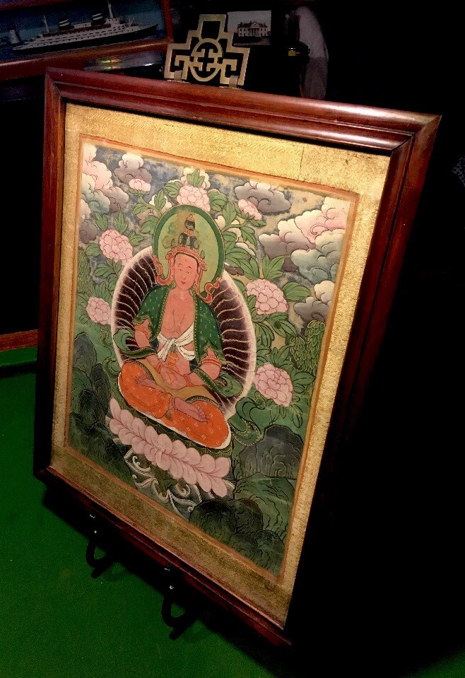 RARE ANTIQUE CHINESE OIL PAINTING 18th CENTURY BUDDHA ON SILK ORIGINAL FRAME