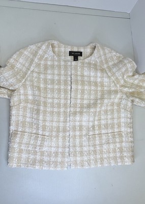 St John Suit Jacket Blazer Knit K618QJ2 Beige White Gold Sequin Size Large