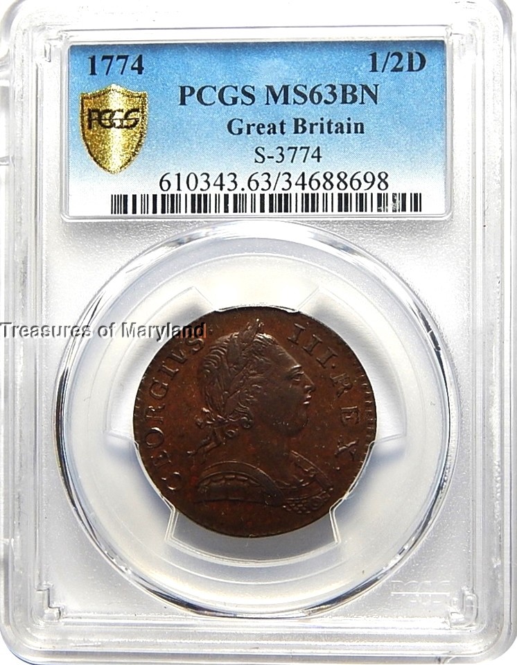 PCGS MS63 BN 1774 Revolutionary War Great Britain Colonial Halfpenny ($1400+)