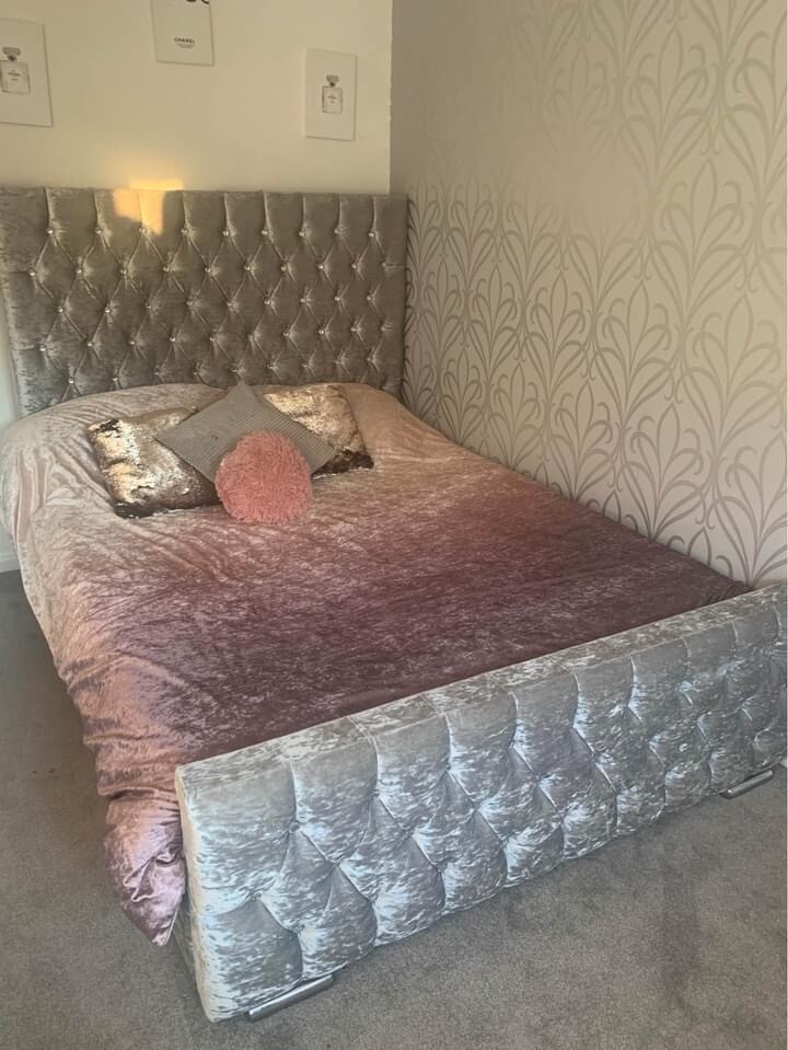 Crushed velvet king size bed with mattress in Plymouth, Devon Gumtree