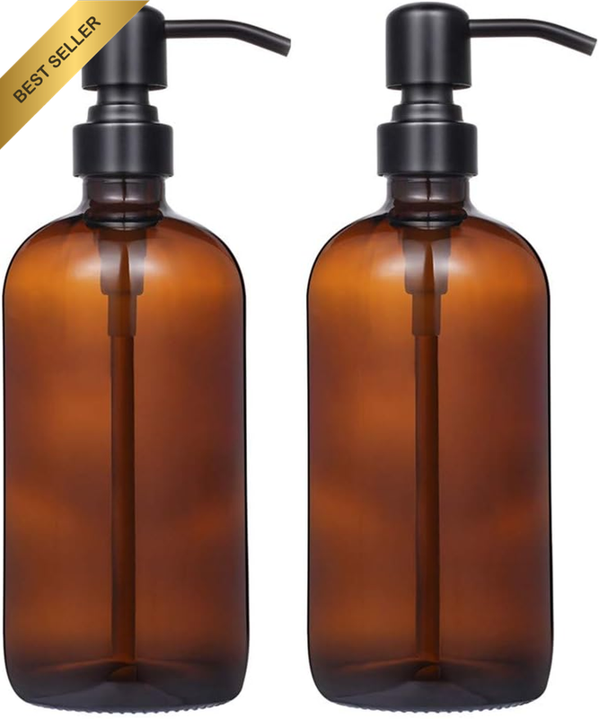 2 Pack Thick Amber Glass Pint Jar Soap Dispenser with Matte Black Stainless Stee