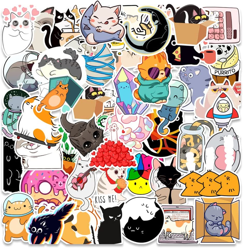 50 Pcs Cute Cat Stickers for Water Bottle Laptop Skateboard Luggage Guitar Car M