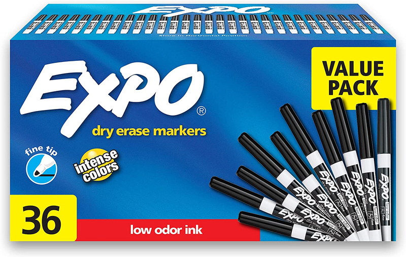 Low Odor Dry Erase Markers, Fine Tip, Black, 36 Count