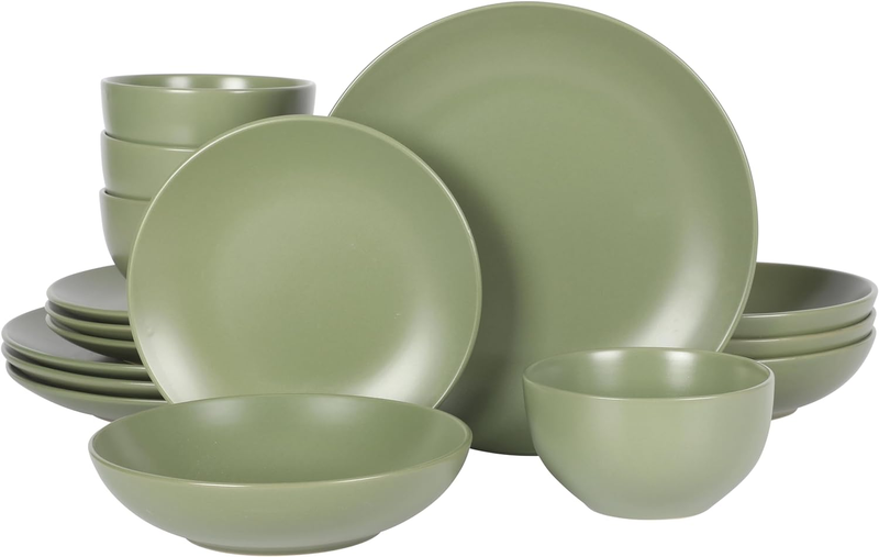Queenslane 16 Piece Double Bowl Plates and Bowls Dinnerware Sets - Matte Green