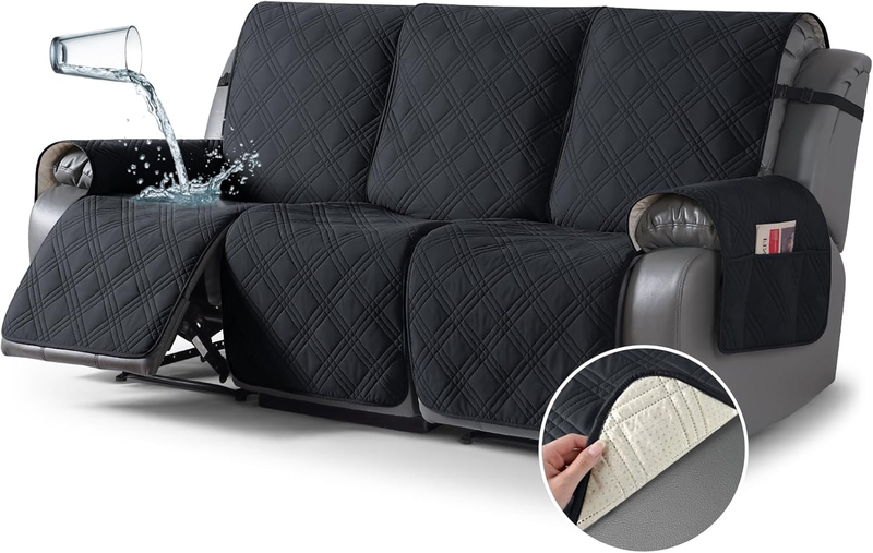100% Waterproof Recliner Sofa Cover Non Slip Couch Cover for 3 Seat Reclining Sofa, Split Reclining Couch Covers 3-Piece with Straps, Washable Sofa Slipcover for Kids Pets(3 Seater, Black)