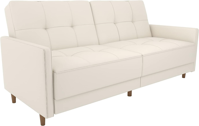 Andora Coil Futon Sofa Bed Couch with Mid Century Modern Design - White Faux Lea